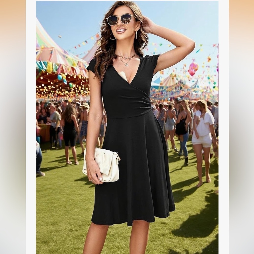 oxiuly Women's Cap Sleeve Casual Short Dress V-Neck Party Black Simple Sz XL NWT